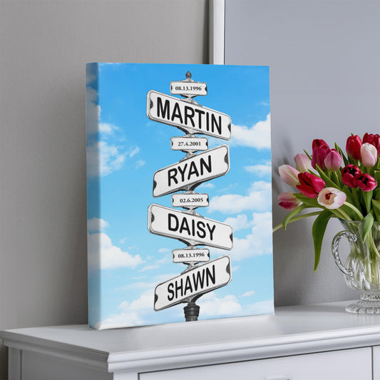 Personalized Family Canvas Sign, Vintage Street Name Art, Custom Date of Birth Decor, Multi-Name Wall Art Gift