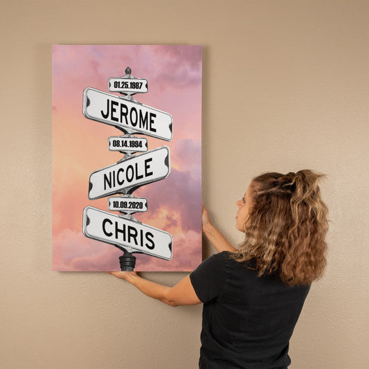 Personalized Name Vintage Street Sign Canvas, Street Sign with Names and Birth Dates of Family Members