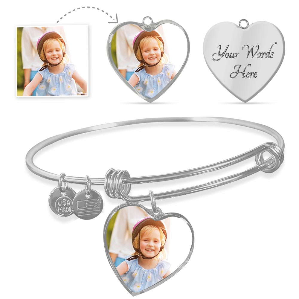 Pet Photo Bangle, Heart Bangle with Picture, Name Engraved Bangle, Gift for Her, Custom Photo Pendant Bangle, Heart Shaped Picture Charm