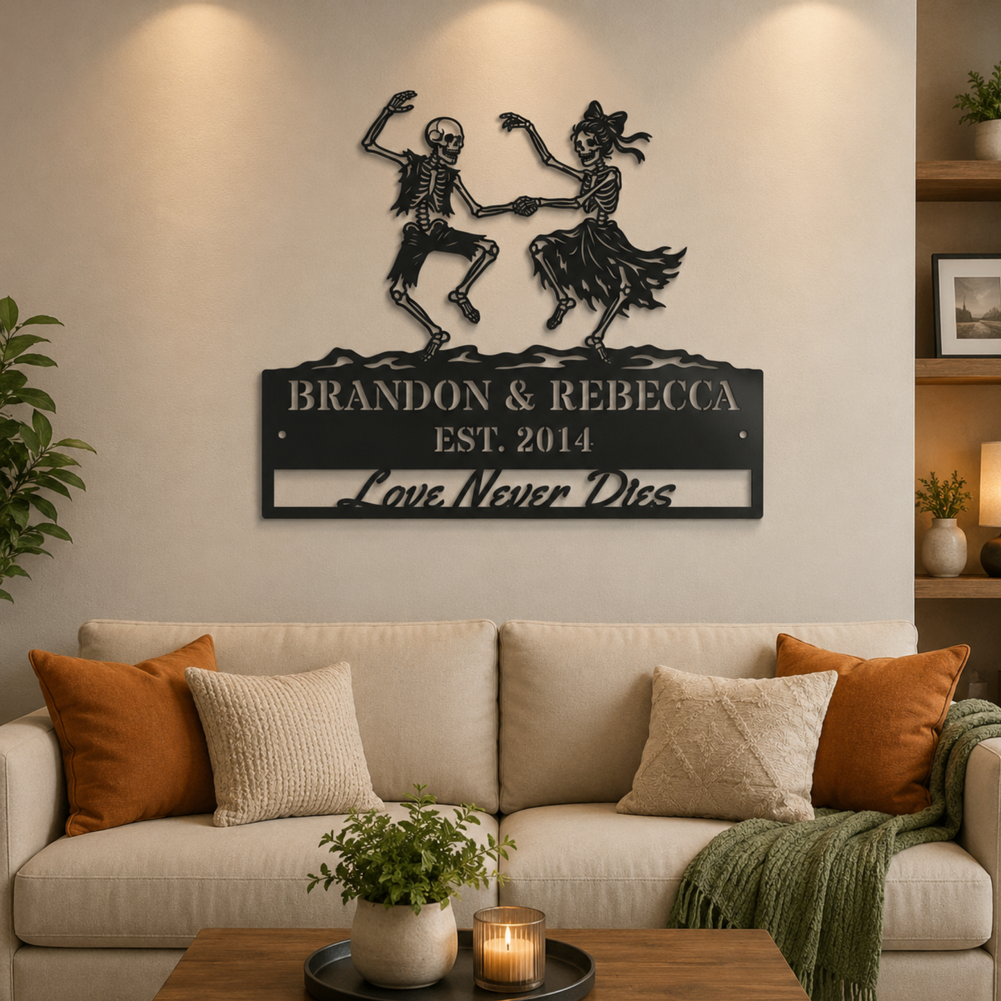 Personalized Love Never Dies Metal Art, Dancing Skeletons Custom Sign, Gothic Wedding Decor, Halloween Couples Gift, Steel Wall Decor