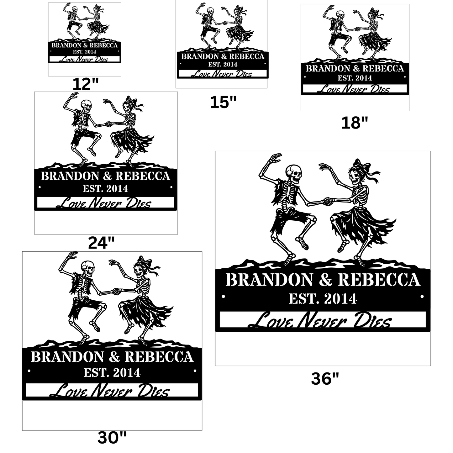 Personalized Love Never Dies Metal Art, Dancing Skeletons Custom Sign, Gothic Wedding Decor, Halloween Couples Gift, Steel Wall Decor