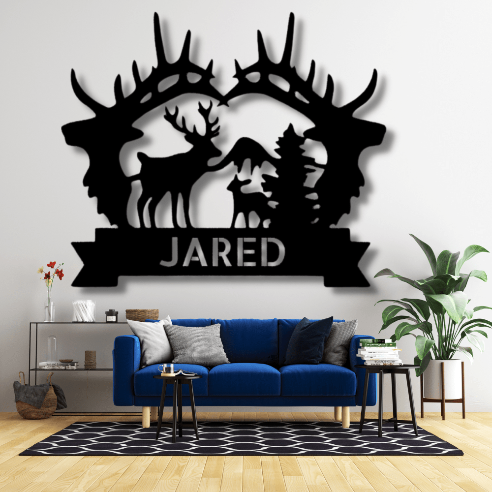 Custom Big Antler Monogram, Family Name Plaque, Cabin Metal Sign, Mountain Wedding Wall Art, Indoor Outdoor Sign, Deer Metal Sign - Family Gear Collections
