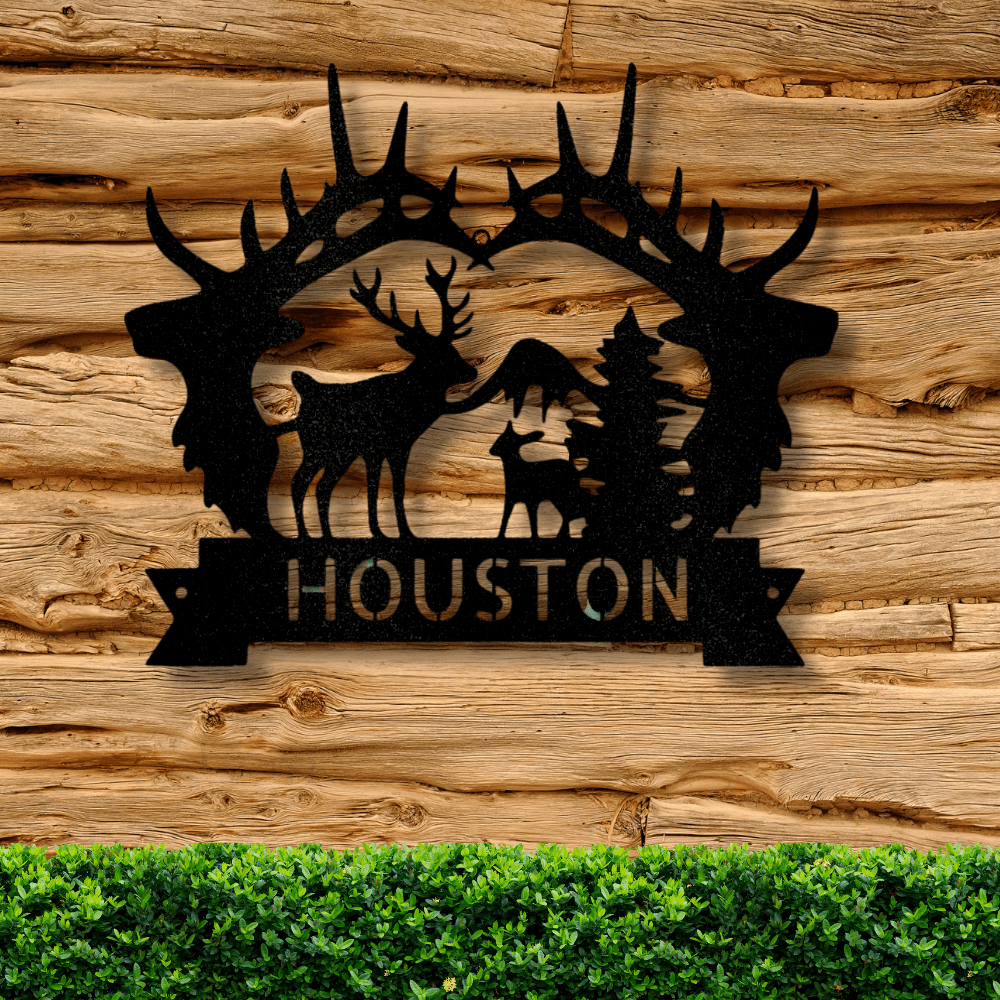 Custom Big Antler Monogram, Family Name Plaque, Cabin Metal Sign, Mountain Wedding Wall Art, Indoor Outdoor Sign, Deer Metal Sign - Family Gear Collections