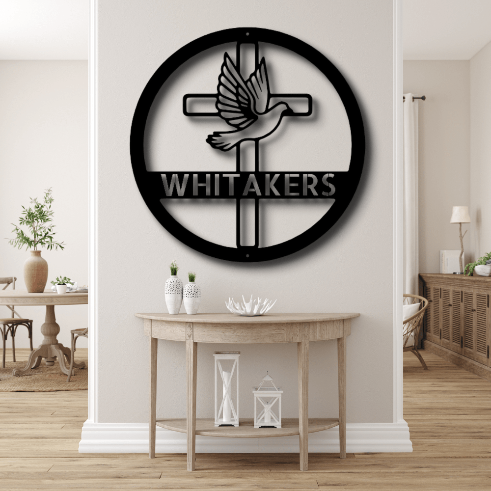 Custom Dove and Cross Metal Art Sign, Personalized Metal Sign With A Cross And A Dove, Housewarming Gift For A Christian Family, Family Name Wall Art Decor, X-mas Gift For Mom. - Family Gear Collections
