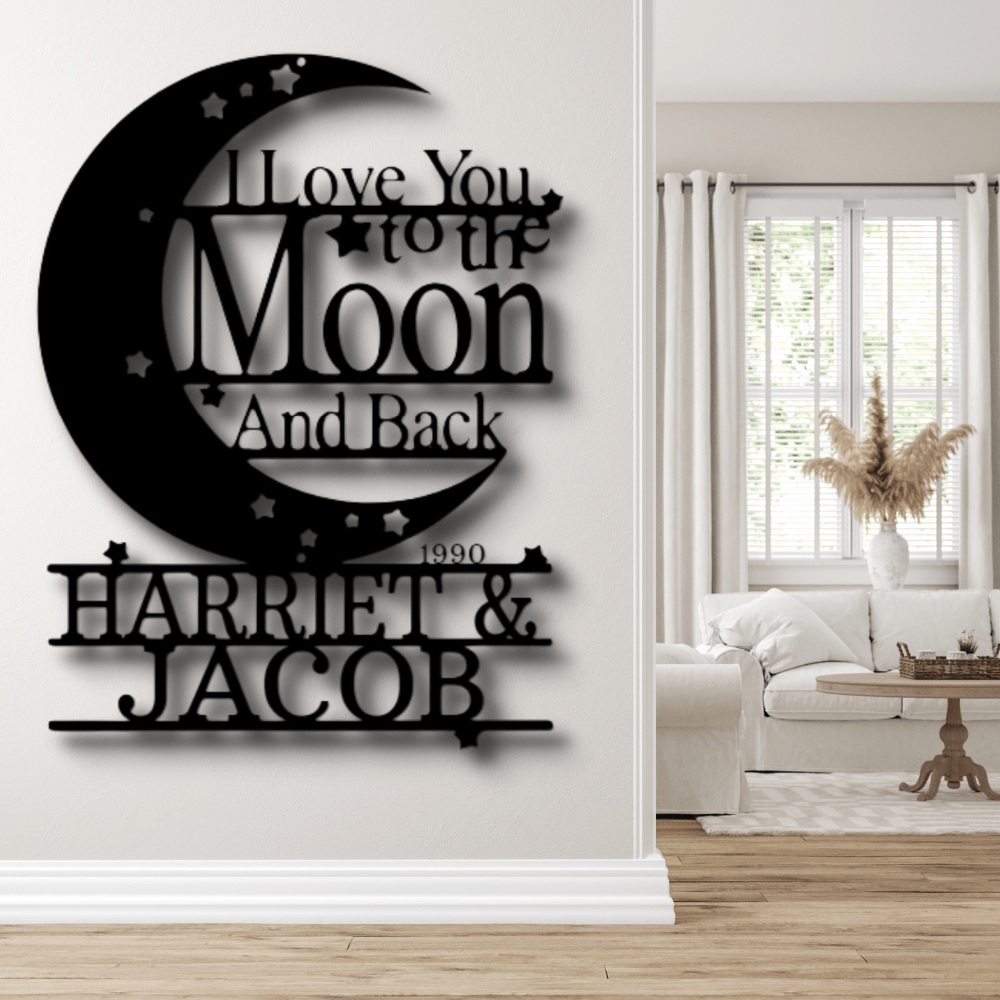 Custom Moon and Back Couple Name Metal Sign, Personalized Romantic Wall Art Decor, Anniversary Gift For Married Couple, Wedding Gift For Newly Weds. - Family Gear Collections