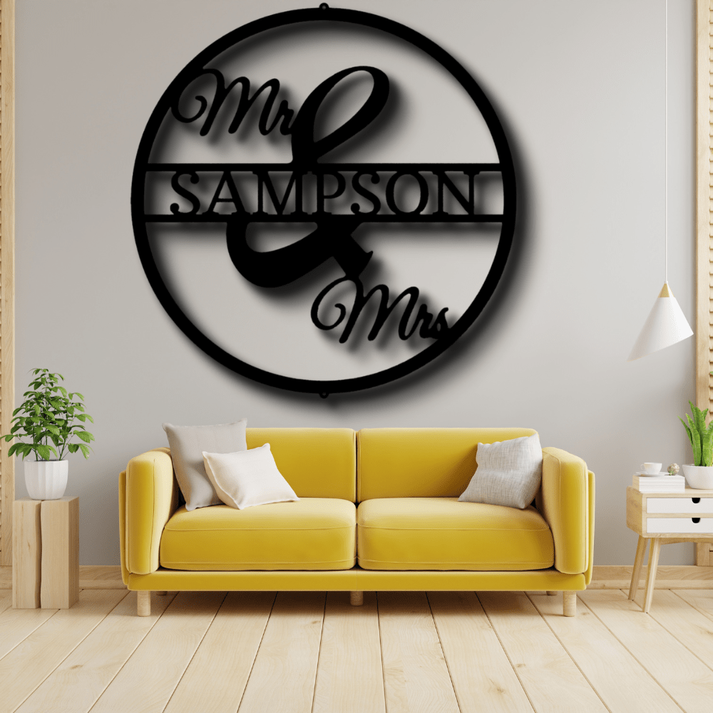 Custom Split Mr and Mrs Circle Metal Sign, Personalized Split Couple Name Decor, Wedding Gift, Indoor Wall Hanging - Family Gear Collections