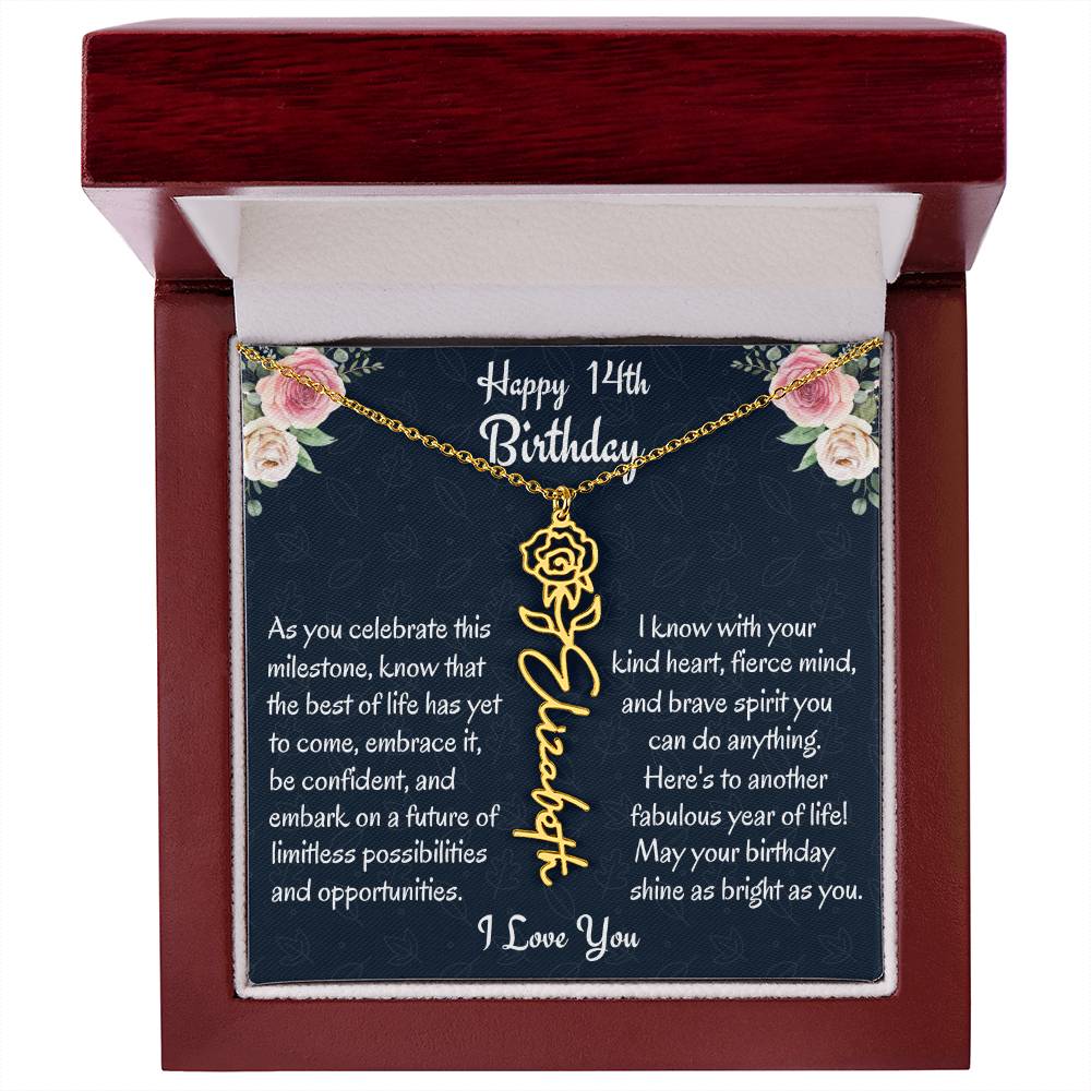 Happy 14th Birthday Flower Name Necklace, Custom Name Birth Month Necklace, Birthday Gift From Bonus Dad, Christmas Gift For My Bonus Daughter, Teen Jewelry Gift. - Family Gear Collections