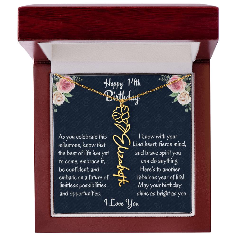 Happy 14th Birthday Flower Name Necklace, Custom Name Birth Month Necklace, Birthday Gift From Bonus Dad, Christmas Gift For My Bonus Daughter, Teen Jewelry Gift. - Family Gear Collections