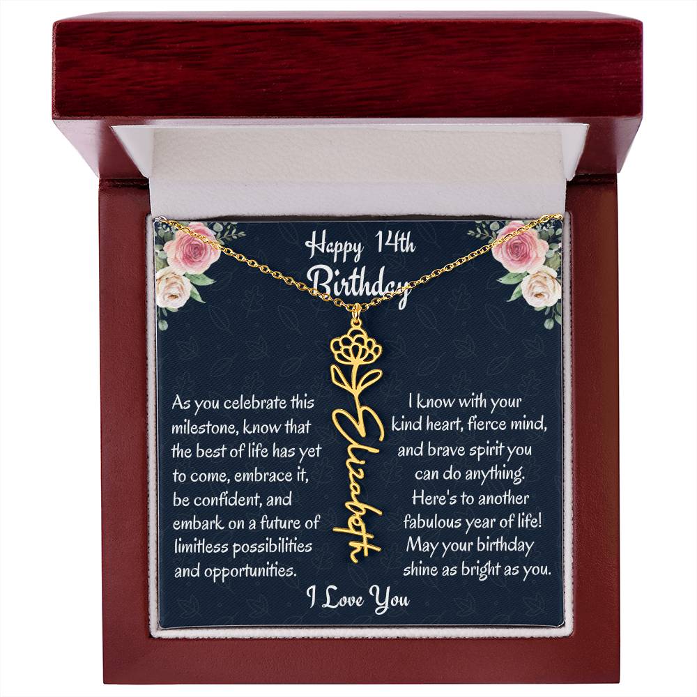 Happy 14th Birthday Flower Name Necklace, Custom Name Birth Month Necklace, Birthday Gift From Bonus Dad, Christmas Gift For My Bonus Daughter, Teen Jewelry Gift. - Family Gear Collections