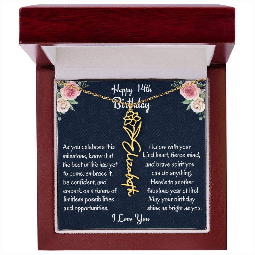 Happy 14th Birthday Flower Name Necklace, Custom Name Birth Month Necklace, Birthday Gift From Bonus Dad, Christmas Gift For My Bonus Daughter, Teen Jewelry Gift. - Family Gear Collections