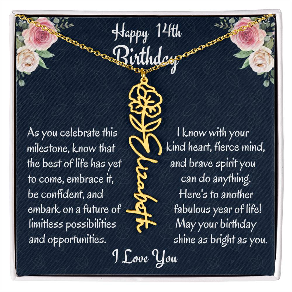 Happy 14th Birthday Flower Name Necklace, Custom Name Birth Month Necklace, Birthday Gift From Bonus Dad, Christmas Gift For My Bonus Daughter, Teen Jewelry Gift. - Family Gear Collections