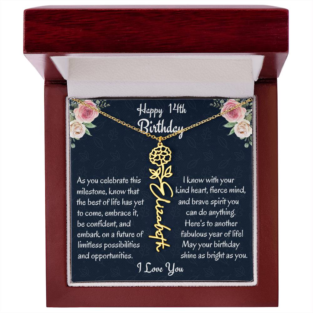 Happy 14th Birthday Flower Name Necklace, Custom Name Birth Month Necklace, Birthday Gift From Bonus Dad, Christmas Gift For My Bonus Daughter, Teen Jewelry Gift. - Family Gear Collections