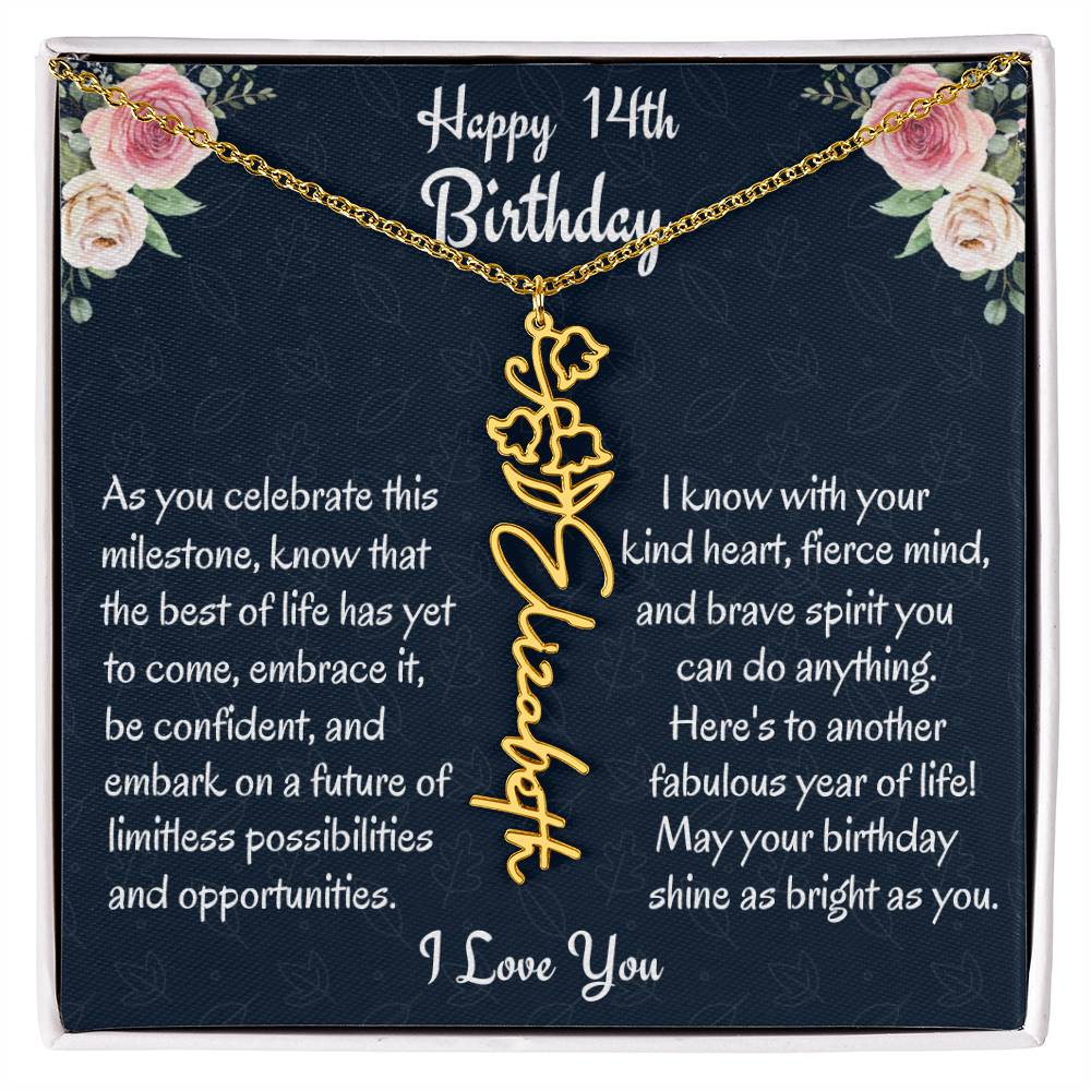 Happy 14th Birthday Flower Name Necklace, Custom Name Birth Month Necklace, Birthday Gift From Bonus Dad, Christmas Gift For My Bonus Daughter, Teen Jewelry Gift. - Family Gear Collections