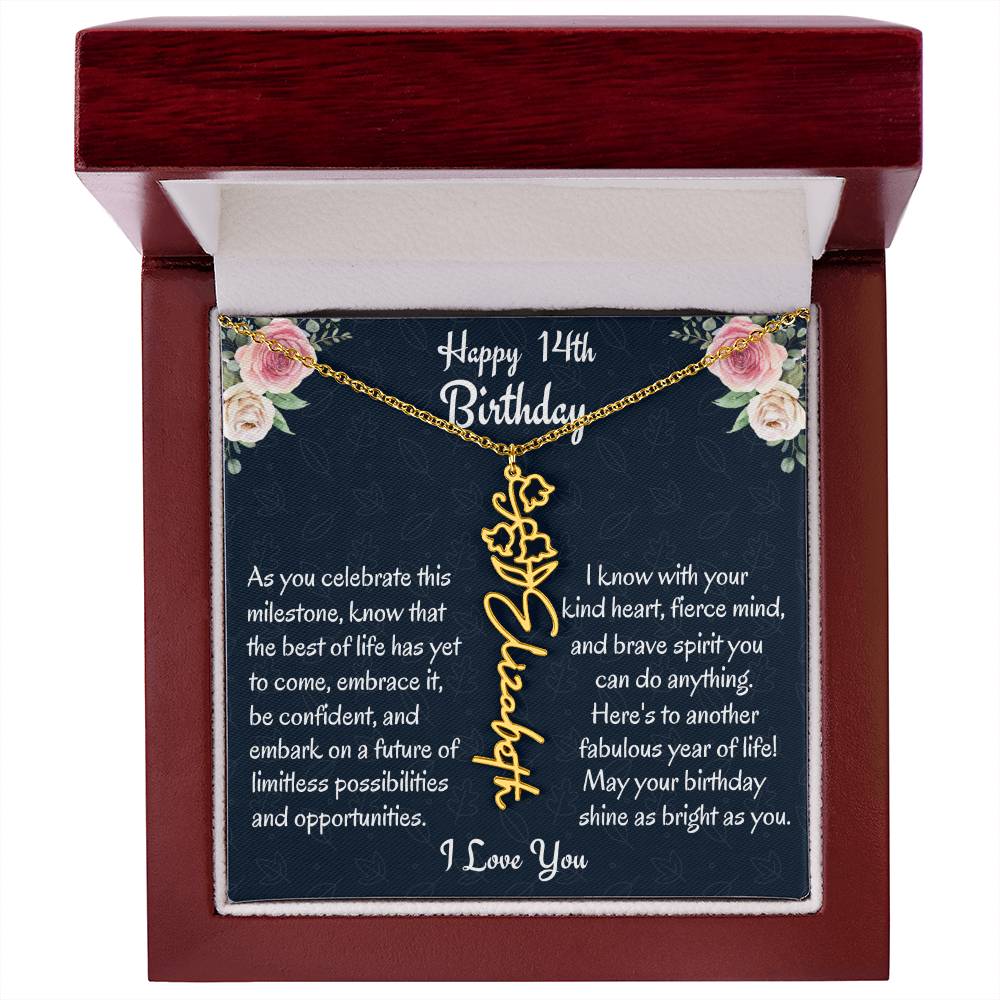 Happy 14th Birthday Flower Name Necklace, Custom Name Birth Month Necklace, Birthday Gift From Bonus Dad, Christmas Gift For My Bonus Daughter, Teen Jewelry Gift. - Family Gear Collections