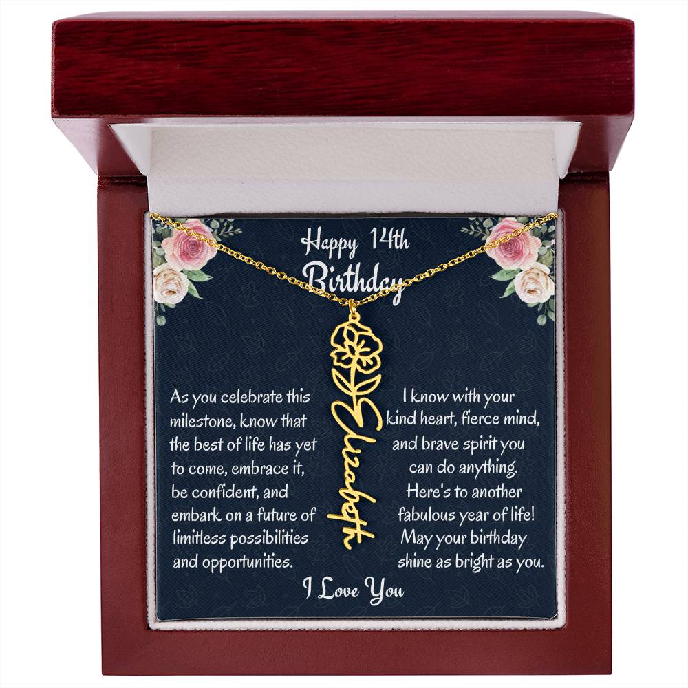 Happy 14th Birthday Flower Name Necklace, Custom Name Birth Month Necklace, Birthday Gift From Bonus Dad, Christmas Gift For My Bonus Daughter, Teen Jewelry Gift. - Family Gear Collections