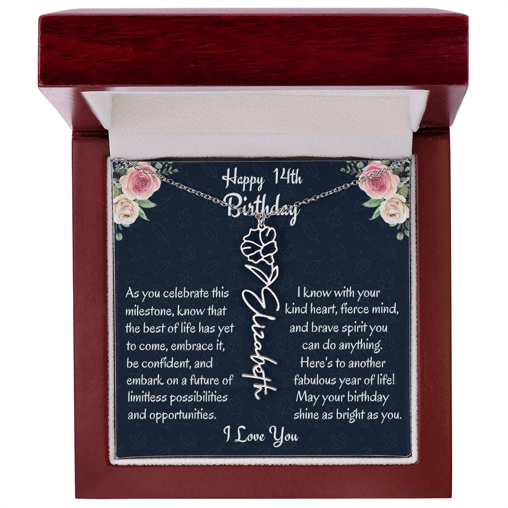 Happy 14th Birthday Flower Name Necklace, Custom Name Birth Month Necklace, Birthday Gift From Bonus Dad, Christmas Gift For My Bonus Daughter, Teen Jewelry Gift. - Family Gear Collections