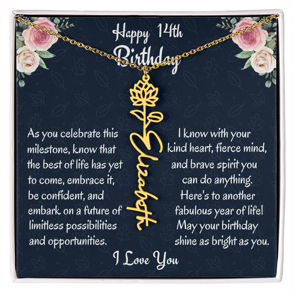 Happy 14th Birthday Flower Name Necklace, Custom Name Birth Month Necklace, Birthday Gift From Bonus Dad, Christmas Gift For My Bonus Daughter, Teen Jewelry Gift. - Family Gear Collections