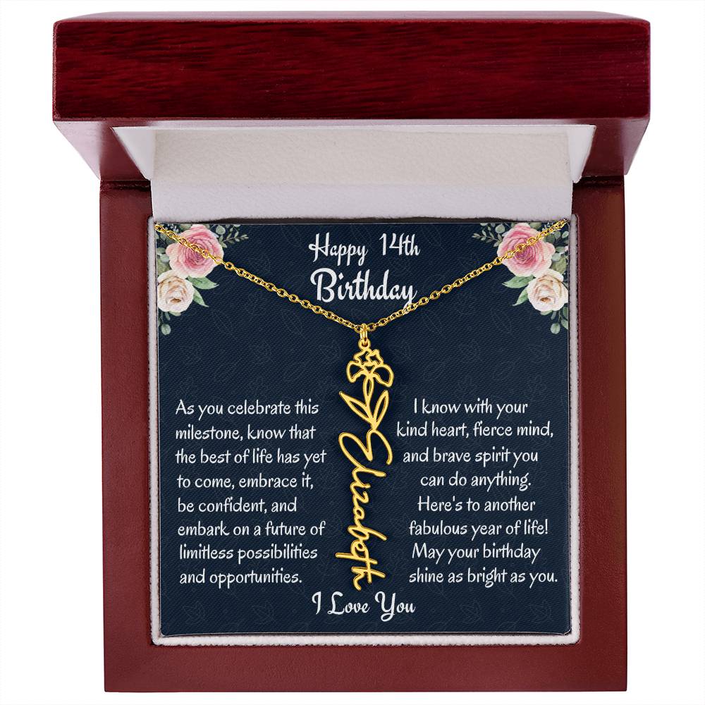 Happy 14th Birthday Flower Name Necklace, Custom Name Birth Month Necklace, Birthday Gift From Bonus Dad, Christmas Gift For My Bonus Daughter, Teen Jewelry Gift. - Family Gear Collections