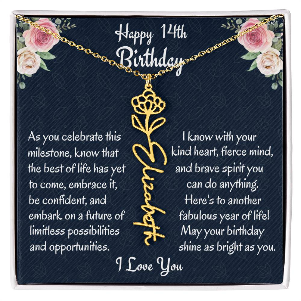 Happy 14th Birthday Flower Name Necklace, Custom Name Birth Month Necklace, Birthday Gift From Bonus Dad, Christmas Gift For My Bonus Daughter, Teen Jewelry Gift. - Family Gear Collections