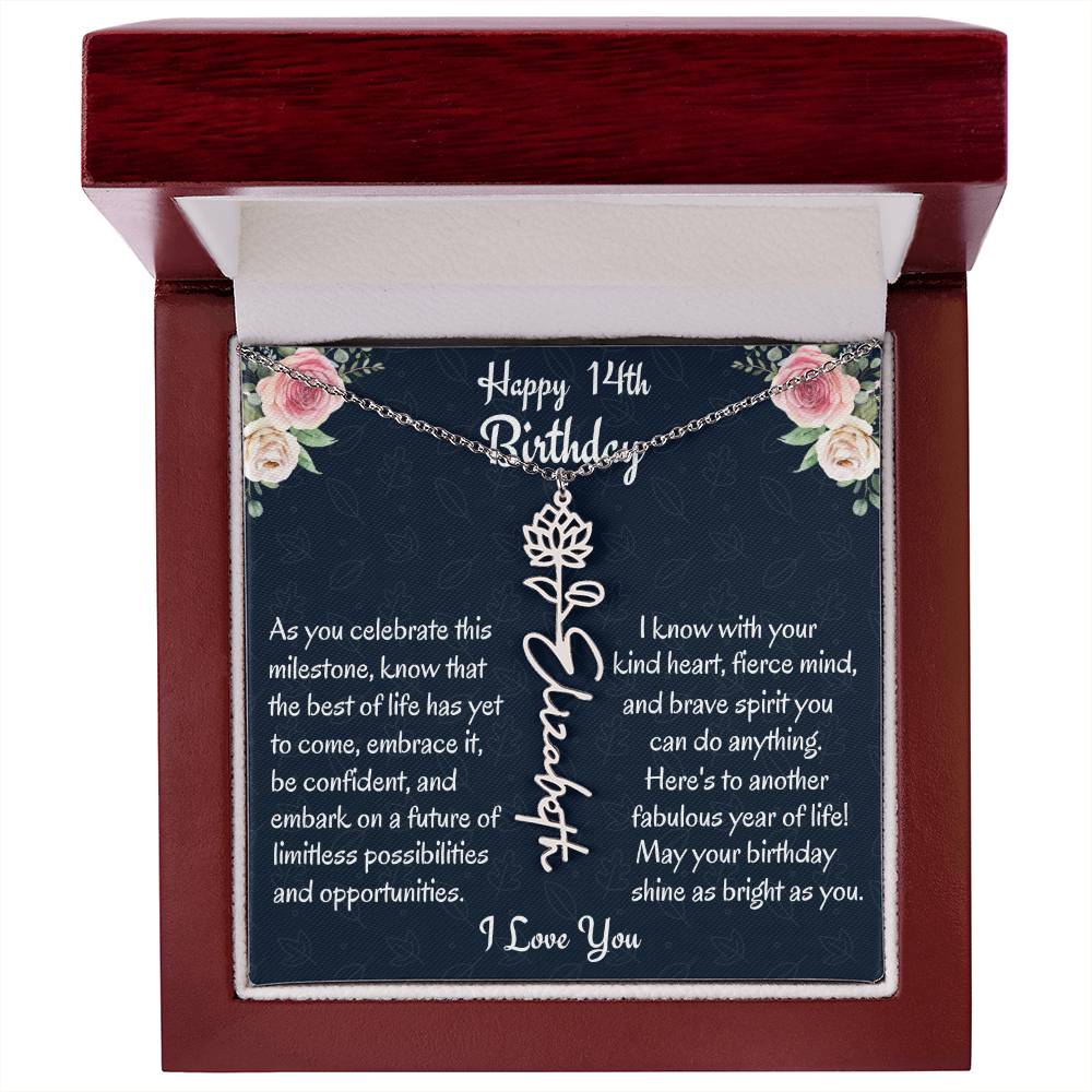 Happy 14th Birthday Flower Name Necklace, Custom Name Birth Month Necklace, Birthday Gift From Bonus Dad, Christmas Gift For My Bonus Daughter, Teen Jewelry Gift. - Family Gear Collections