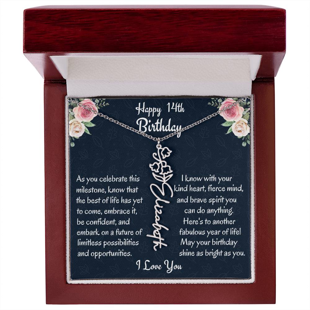 Happy 14th Birthday Flower Name Necklace, Custom Name Birth Month Necklace, Birthday Gift From Bonus Dad, Christmas Gift For My Bonus Daughter, Teen Jewelry Gift. - Family Gear Collections