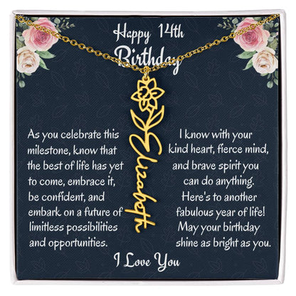 Happy 14th Birthday Flower Name Necklace, Custom Name Birth Month Necklace, Birthday Gift From Bonus Dad, Christmas Gift For My Bonus Daughter, Teen Jewelry Gift. - Family Gear Collections