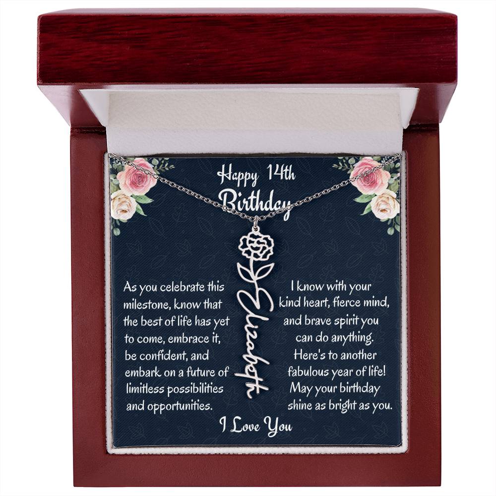 Happy 14th Birthday Flower Name Necklace, Custom Name Birth Month Necklace, Birthday Gift From Bonus Dad, Christmas Gift For My Bonus Daughter, Teen Jewelry Gift. - Family Gear Collections