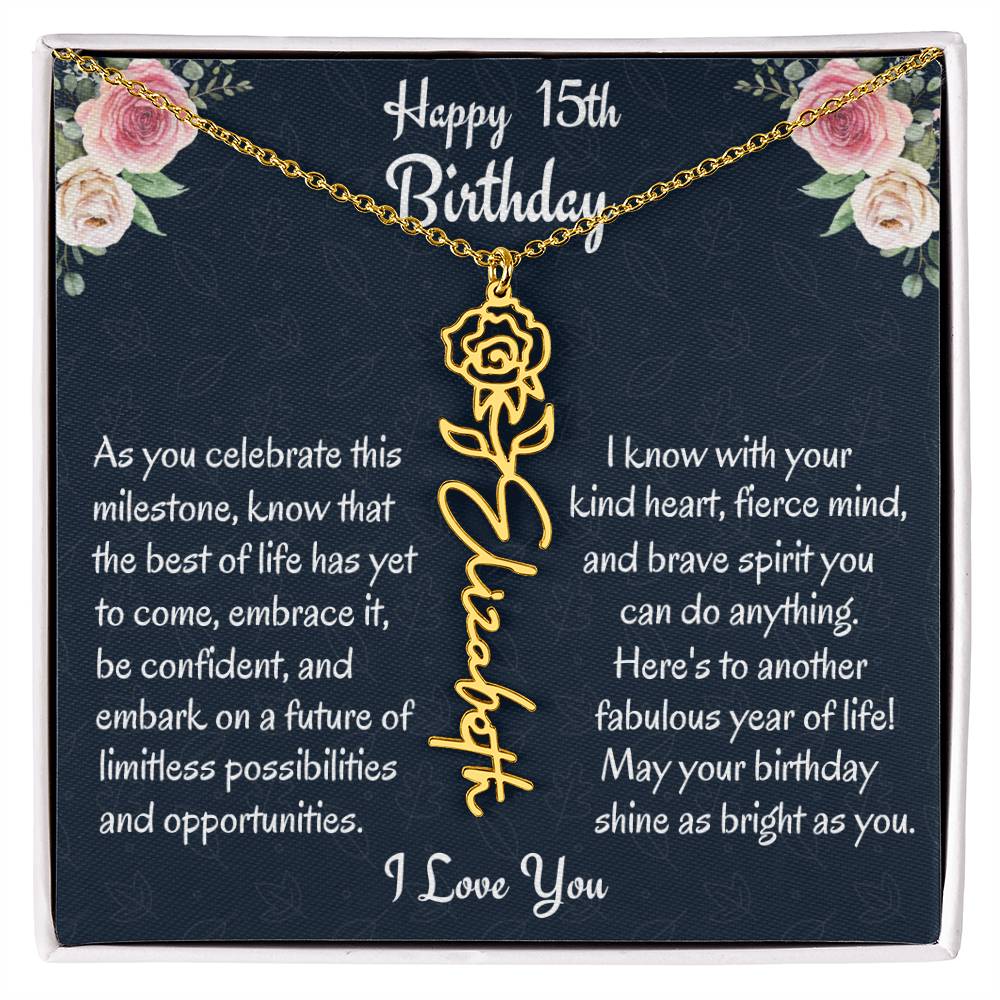 Happy 15th Birthday Flower Name Necklace, Custom Name Birth Month Necklace, Graduation Gift From Bonus Dad, Christmas Gift For My Bonus Daughter, Teen Jewelry Gift. - Family Gear Collections
