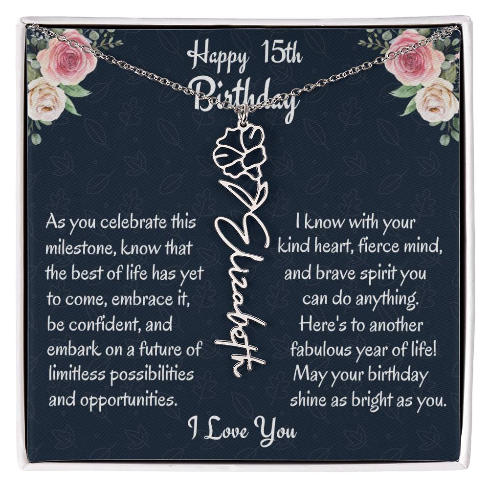 Happy 15th Birthday Flower Name Necklace, Custom Name Birth Month Necklace, Graduation Gift From Bonus Dad, Christmas Gift For My Bonus Daughter, Teen Jewelry Gift. - Family Gear Collections