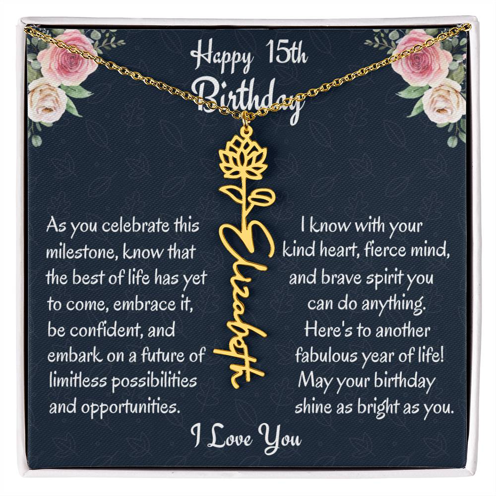 Happy 15th Birthday Flower Name Necklace, Custom Name Birth Month Necklace, Graduation Gift From Bonus Dad, Christmas Gift For My Bonus Daughter, Teen Jewelry Gift. - Family Gear Collections
