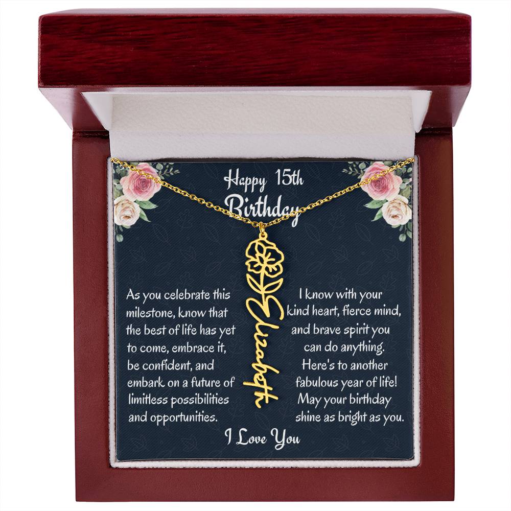 Happy 15th Birthday Flower Name Necklace, Custom Name Birth Month Necklace, Graduation Gift From Bonus Dad, Christmas Gift For My Bonus Daughter, Teen Jewelry Gift. - Family Gear Collections