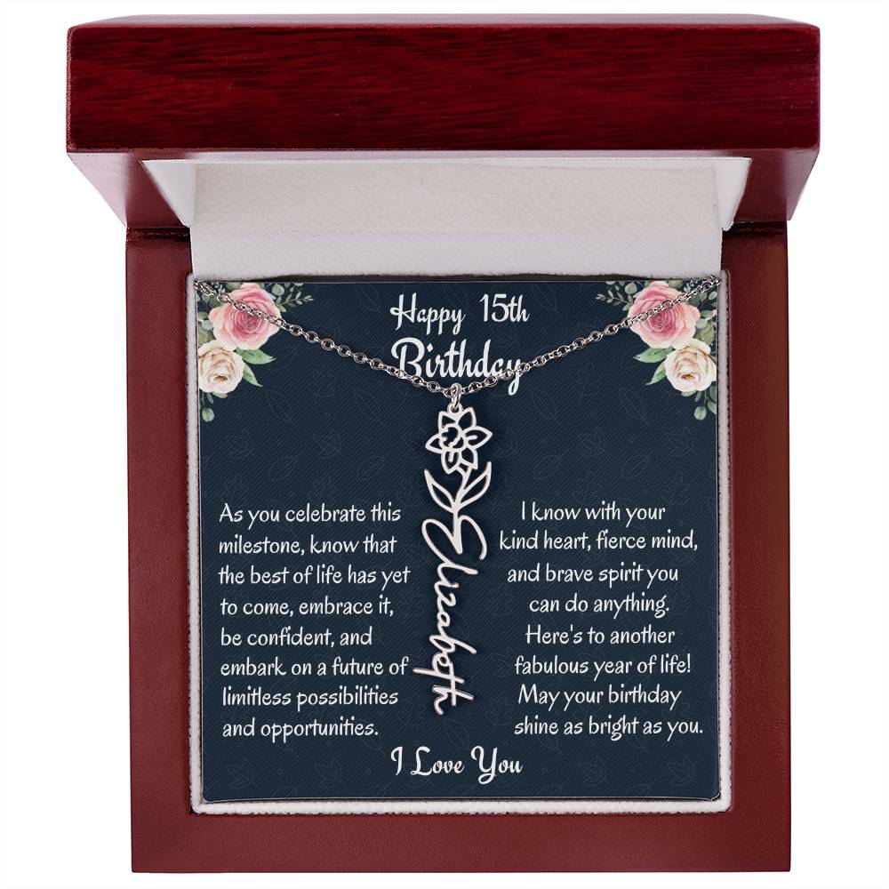 Happy 15th Birthday Flower Name Necklace, Custom Name Birth Month Necklace, Graduation Gift From Bonus Dad, Christmas Gift For My Bonus Daughter, Teen Jewelry Gift. - Family Gear Collections