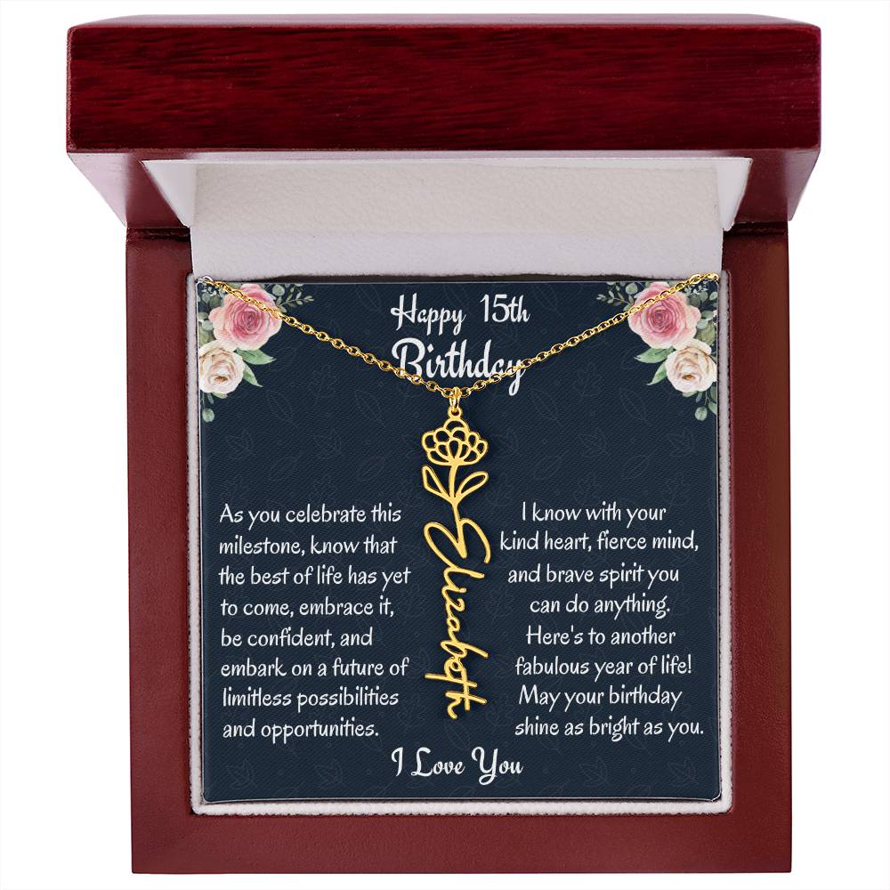 Happy 15th Birthday Flower Name Necklace, Custom Name Birth Month Necklace, Graduation Gift From Bonus Dad, Christmas Gift For My Bonus Daughter, Teen Jewelry Gift. - Family Gear Collections