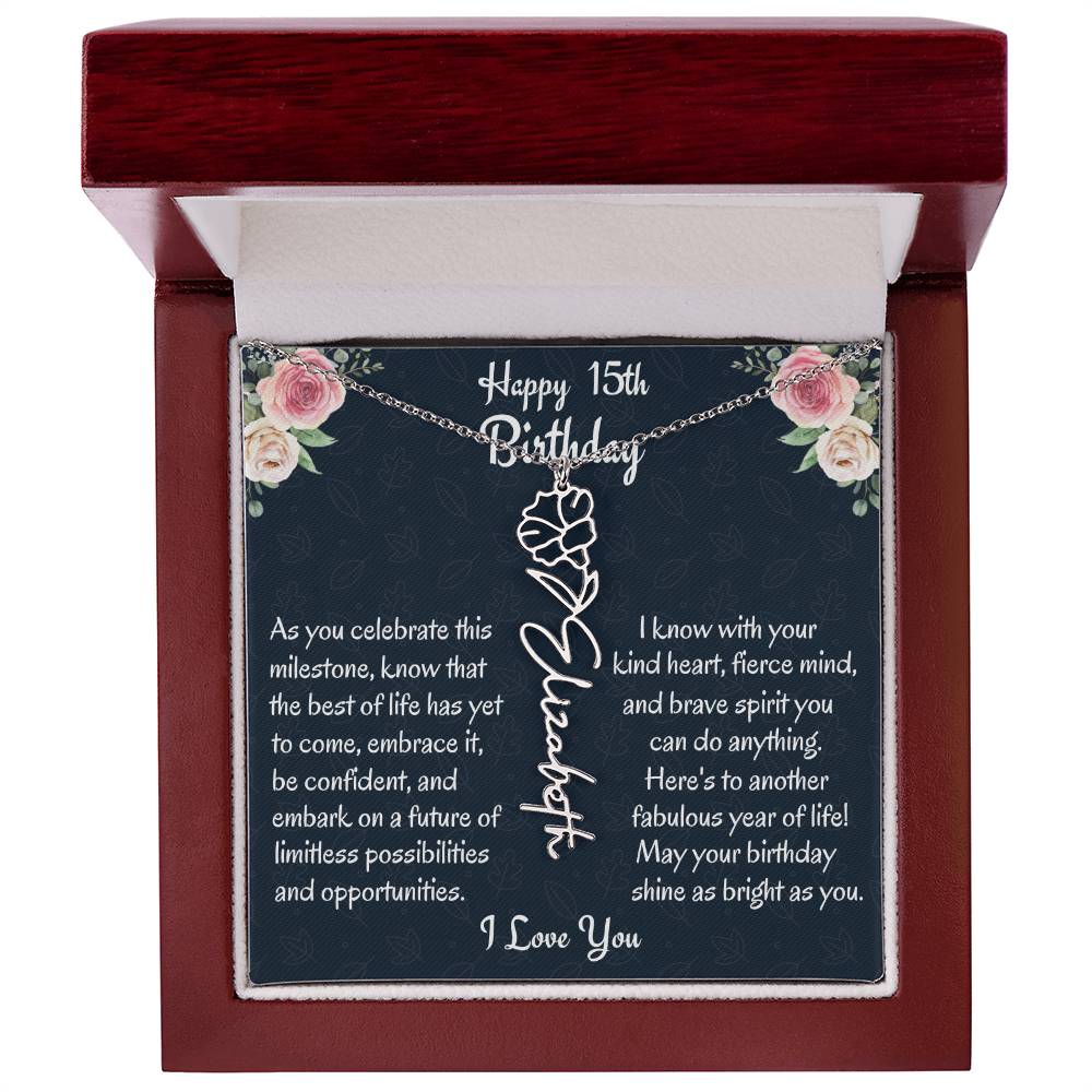 Happy 15th Birthday Flower Name Necklace, Custom Name Birth Month Necklace, Graduation Gift From Bonus Dad, Christmas Gift For My Bonus Daughter, Teen Jewelry Gift. - Family Gear Collections