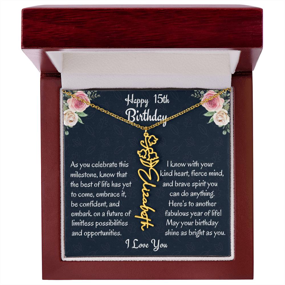 Happy 15th Birthday Flower Name Necklace, Custom Name Birth Month Necklace, Graduation Gift From Bonus Dad, Christmas Gift For My Bonus Daughter, Teen Jewelry Gift. - Family Gear Collections