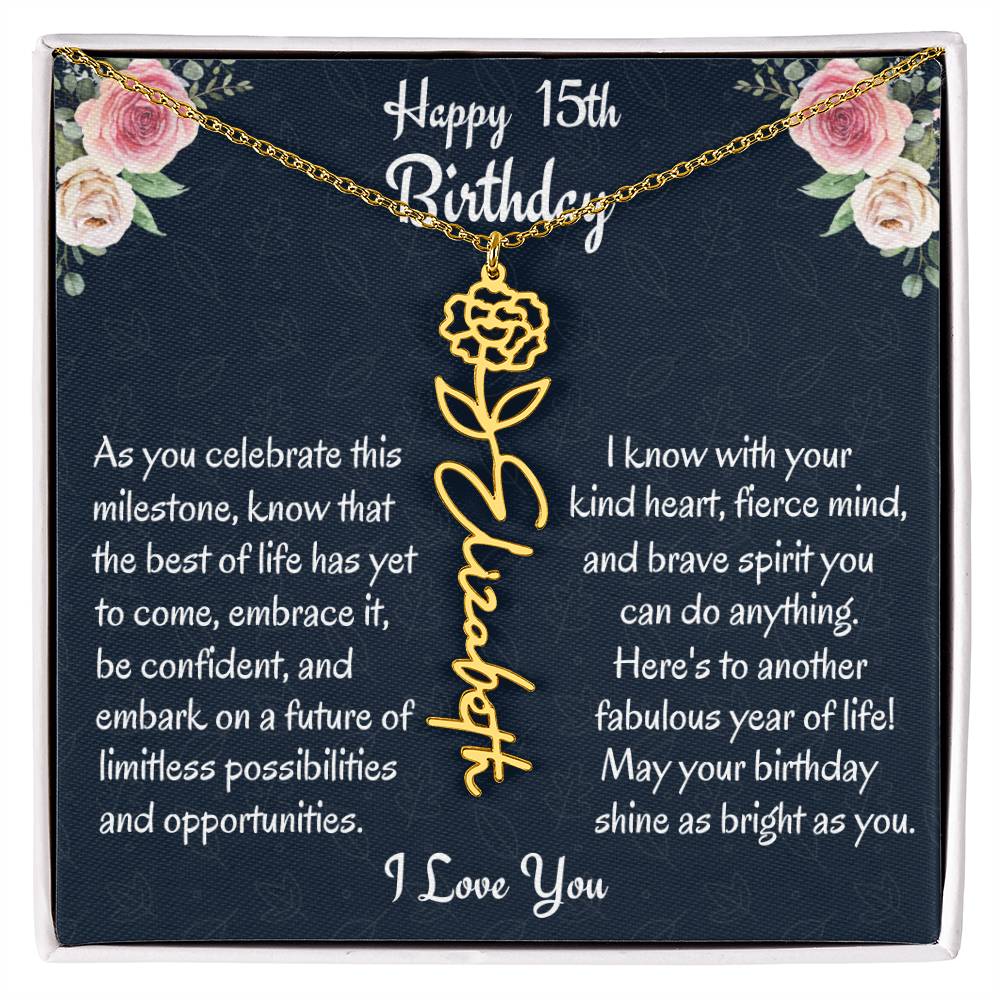 Happy 15th Birthday Flower Name Necklace, Custom Name Birth Month Necklace, Graduation Gift From Bonus Dad, Christmas Gift For My Bonus Daughter, Teen Jewelry Gift. - Family Gear Collections