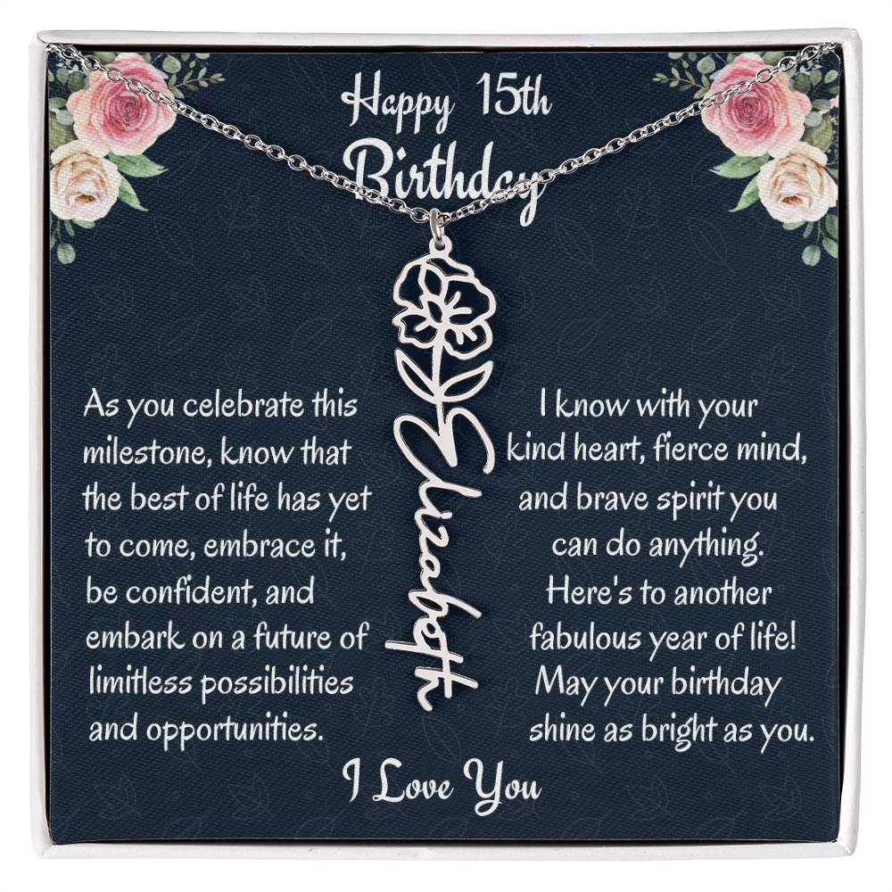 Happy 15th Birthday Flower Name Necklace, Custom Name Birth Month Necklace, Graduation Gift From Bonus Dad, Christmas Gift For My Bonus Daughter, Teen Jewelry Gift. - Family Gear Collections