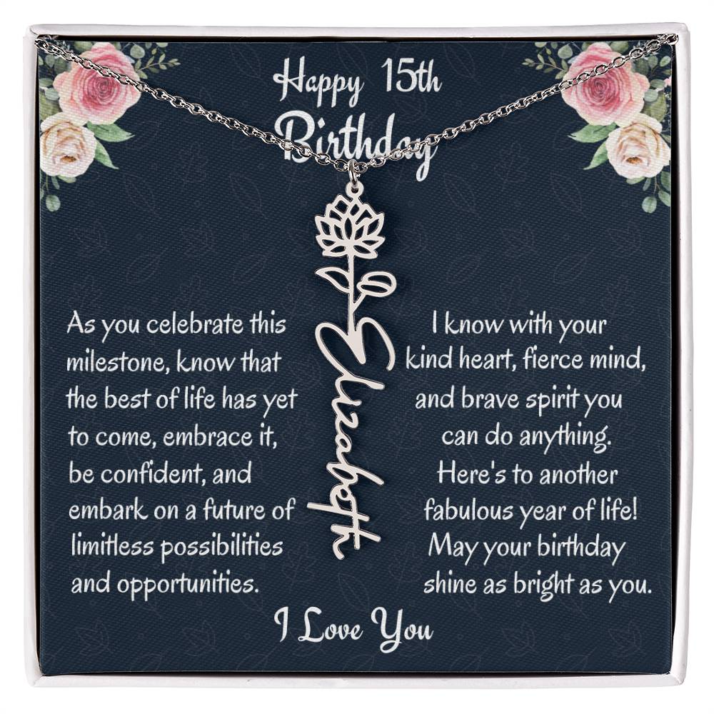 Happy 15th Birthday Flower Name Necklace, Custom Name Birth Month Necklace, Graduation Gift From Bonus Dad, Christmas Gift For My Bonus Daughter, Teen Jewelry Gift. - Family Gear Collections