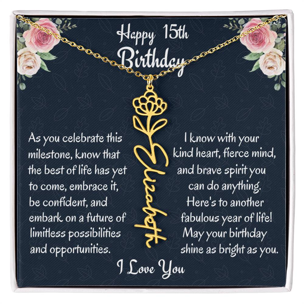 Happy 15th Birthday Flower Name Necklace, Custom Name Birth Month Necklace, Graduation Gift From Bonus Dad, Christmas Gift For My Bonus Daughter, Teen Jewelry Gift. - Family Gear Collections