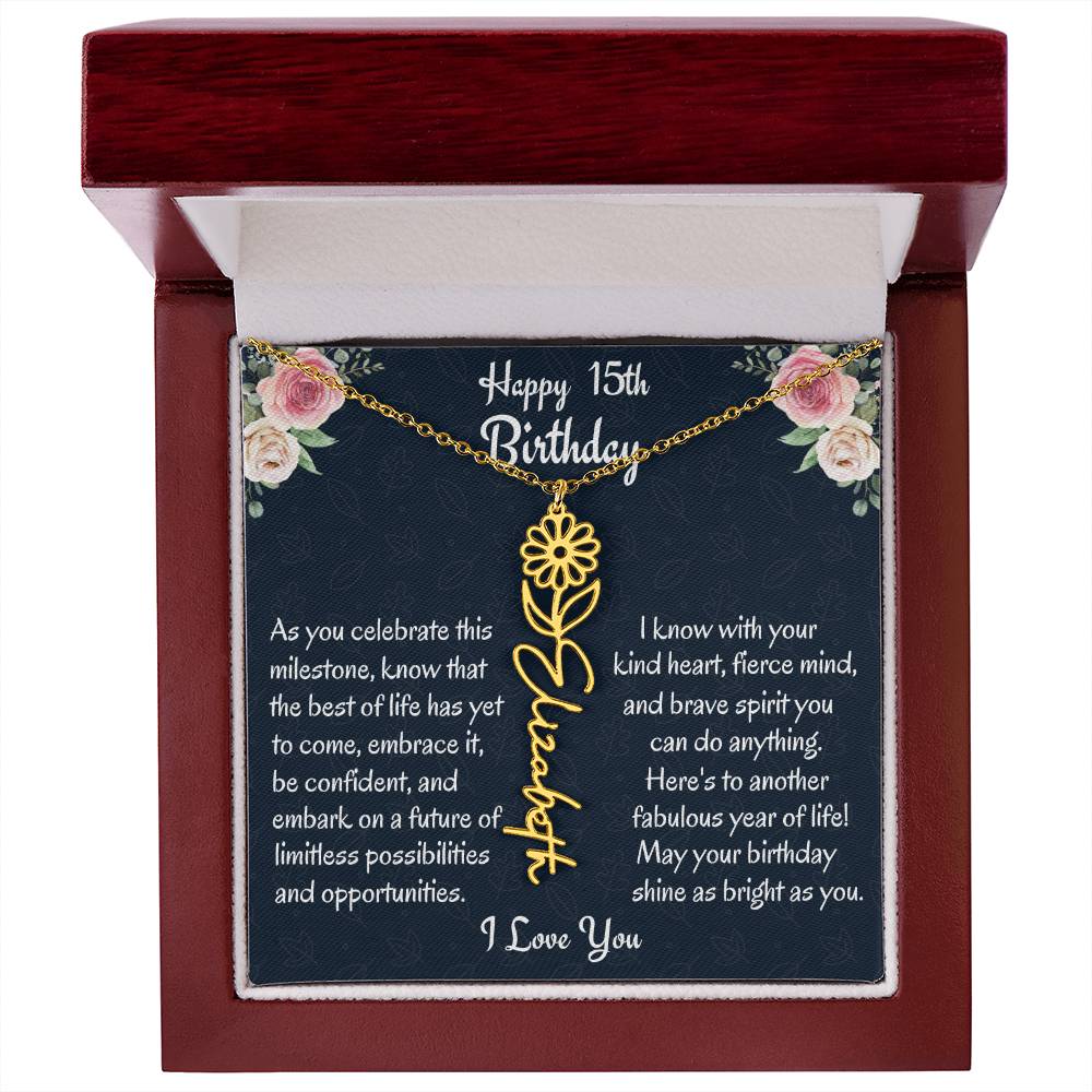 Happy 15th Birthday Flower Name Necklace, Custom Name Birth Month Necklace, Graduation Gift From Bonus Dad, Christmas Gift For My Bonus Daughter, Teen Jewelry Gift. - Family Gear Collections
