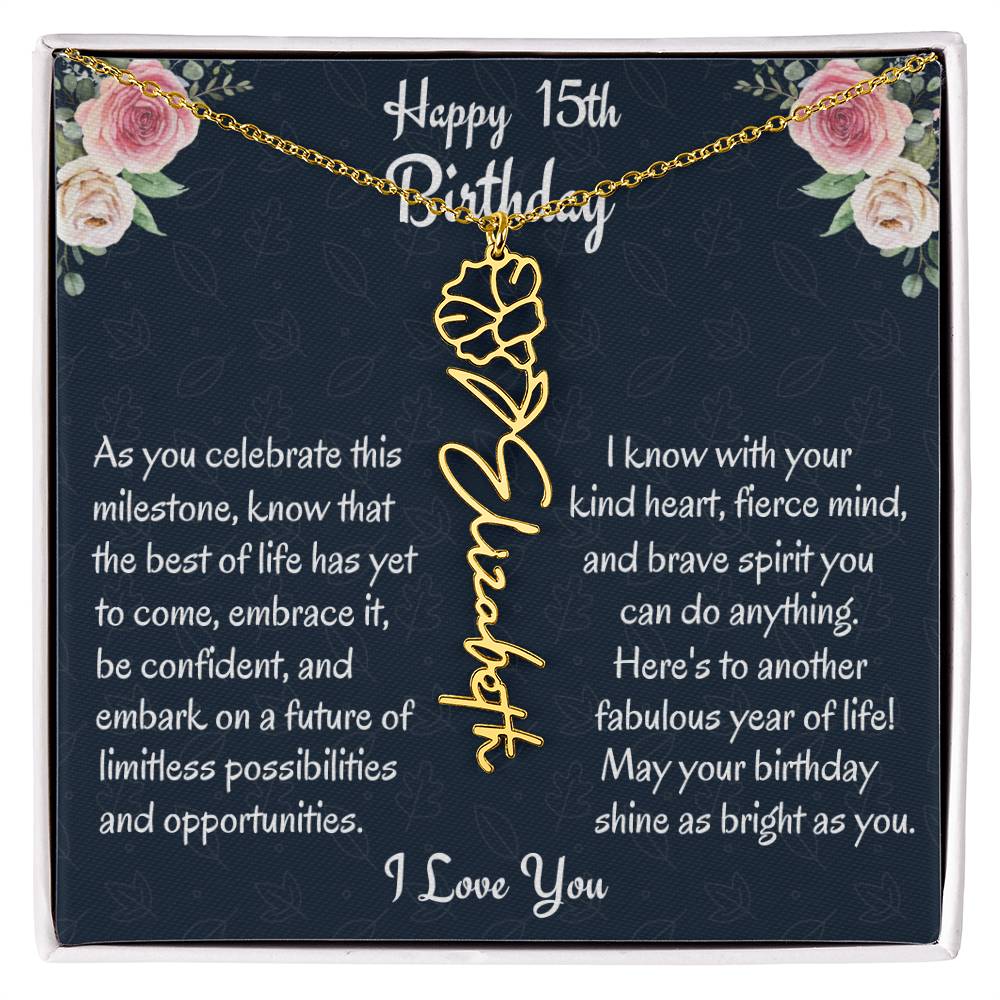 Happy 15th Birthday Flower Name Necklace, Custom Name Birth Month Necklace, Graduation Gift From Bonus Dad, Christmas Gift For My Bonus Daughter, Teen Jewelry Gift. - Family Gear Collections