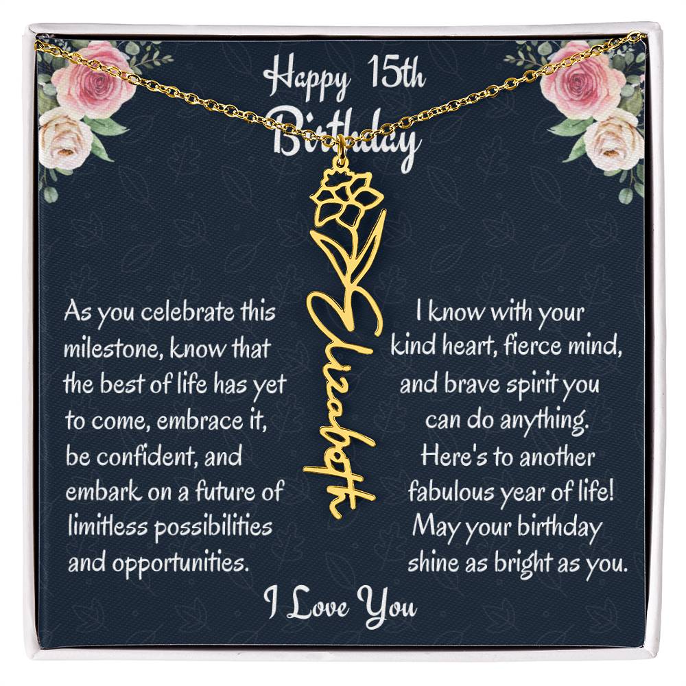 Happy 15th Birthday Flower Name Necklace, Custom Name Birth Month Necklace, Graduation Gift From Bonus Dad, Christmas Gift For My Bonus Daughter, Teen Jewelry Gift. - Family Gear Collections