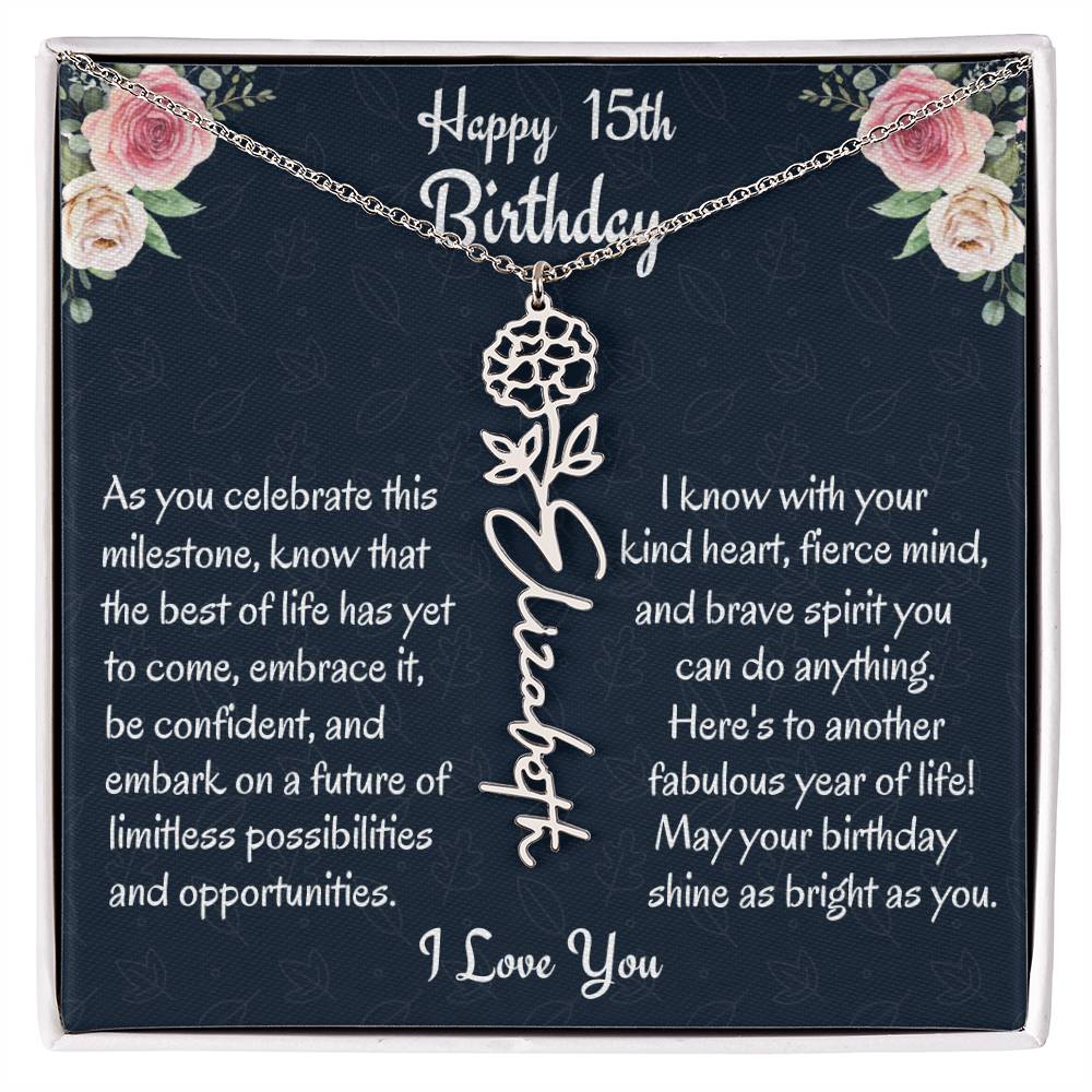 Happy 15th Birthday Flower Name Necklace, Custom Name Birth Month Necklace, Graduation Gift From Bonus Dad, Christmas Gift For My Bonus Daughter, Teen Jewelry Gift. - Family Gear Collections