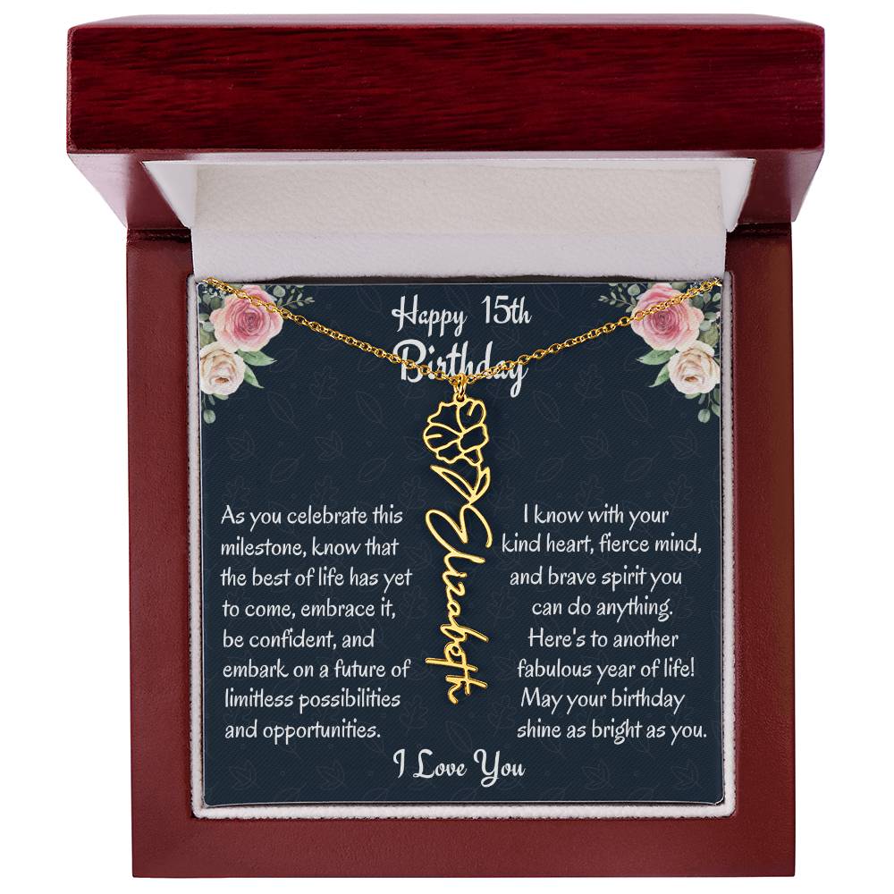 Happy 15th Birthday Flower Name Necklace, Custom Name Birth Month Necklace, Graduation Gift From Bonus Dad, Christmas Gift For My Bonus Daughter, Teen Jewelry Gift. - Family Gear Collections
