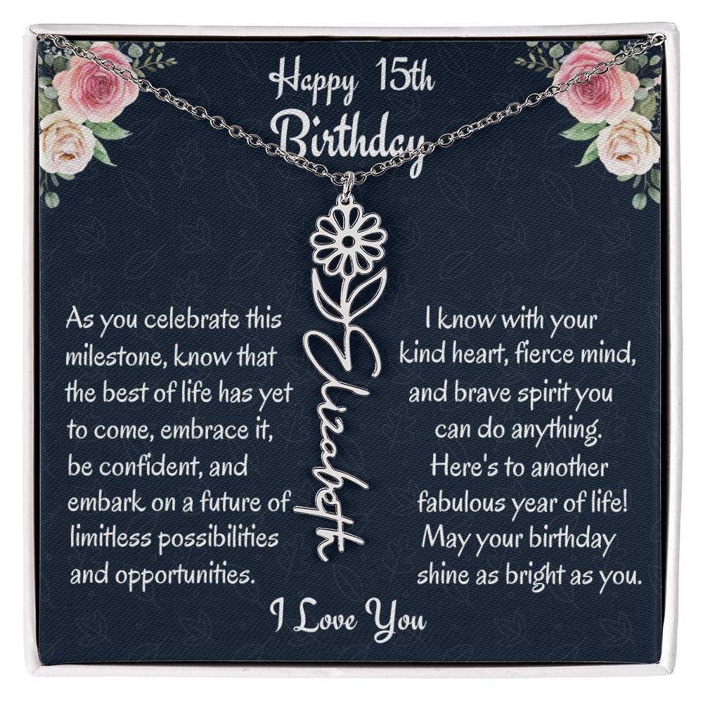 Happy 15th Birthday Flower Name Necklace, Custom Name Birth Month Necklace, Graduation Gift From Bonus Dad, Christmas Gift For My Bonus Daughter, Teen Jewelry Gift. - Family Gear Collections
