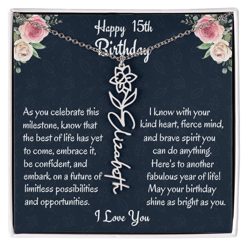 Happy 15th Birthday Flower Name Necklace, Custom Name Birth Month Necklace, Graduation Gift From Bonus Dad, Christmas Gift For My Bonus Daughter, Teen Jewelry Gift. - Family Gear Collections