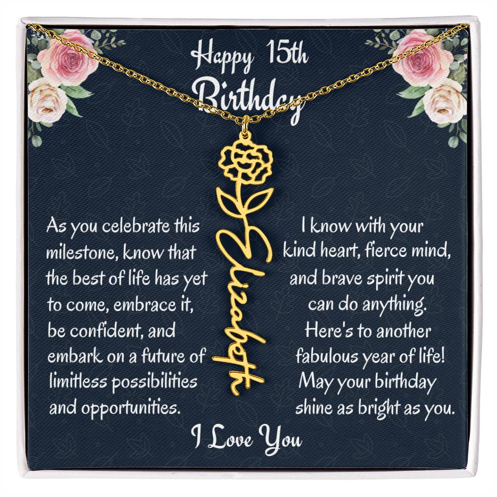 Happy 15th Birthday Flower Name, Necklace, Personalized Name Birth month Necklace, Birthday Jewelry Gift From Mom, Mother To Daughter Gift, Christmas Gift For My Beautiful Daughter. - Family Gear Collections