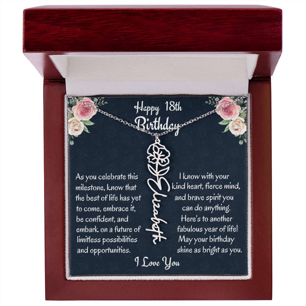 Happy 18th Birthday Flower Name Necklace, Custom Name Birth Month Necklace, Birthday Gift From Bonus Dad, Christmas Gift For My Bonus Daughter, Meaningful Jewelry Gift. - Family Gear Collections