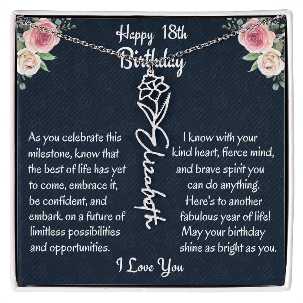 Happy 18th Birthday Flower Name Necklace, Custom Name Birth Month Necklace, Birthday Gift From Bonus Dad, Christmas Gift For My Bonus Daughter, Meaningful Jewelry Gift. - Family Gear Collections