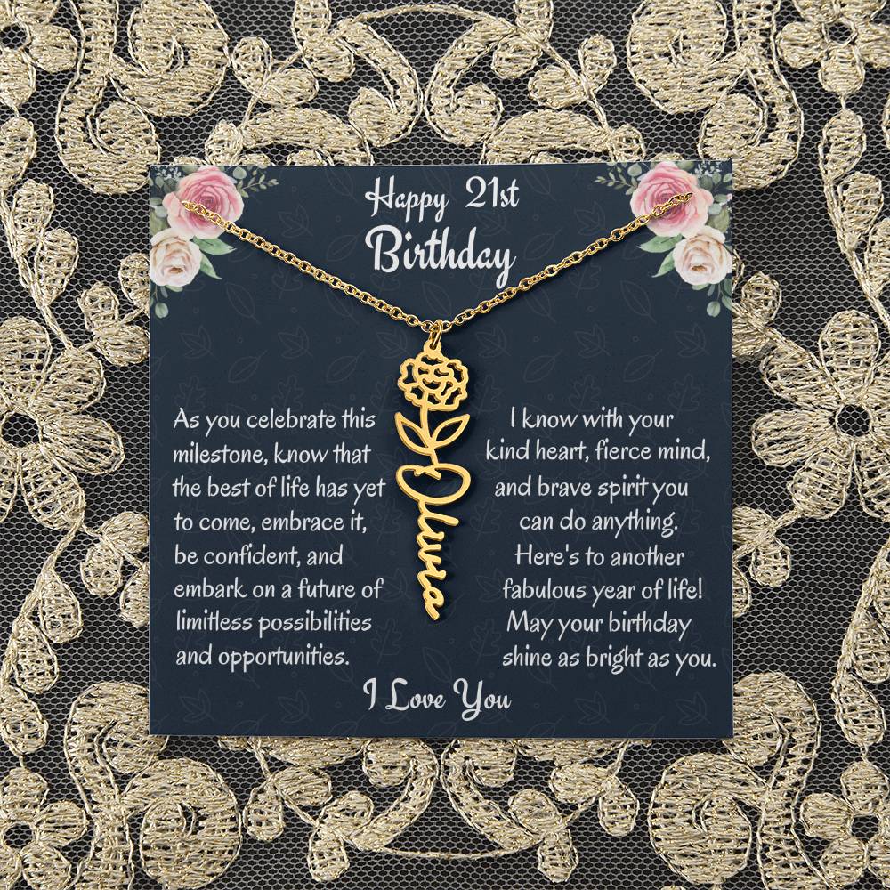 Happy 21st Birthday Birthflower Necklace, Personalized Name Birthflower Necklace, Birthday Gift For Amazing Daughter, Dad To Daughter Gift, Christmas Gift From Dad. - Family Gear Collections